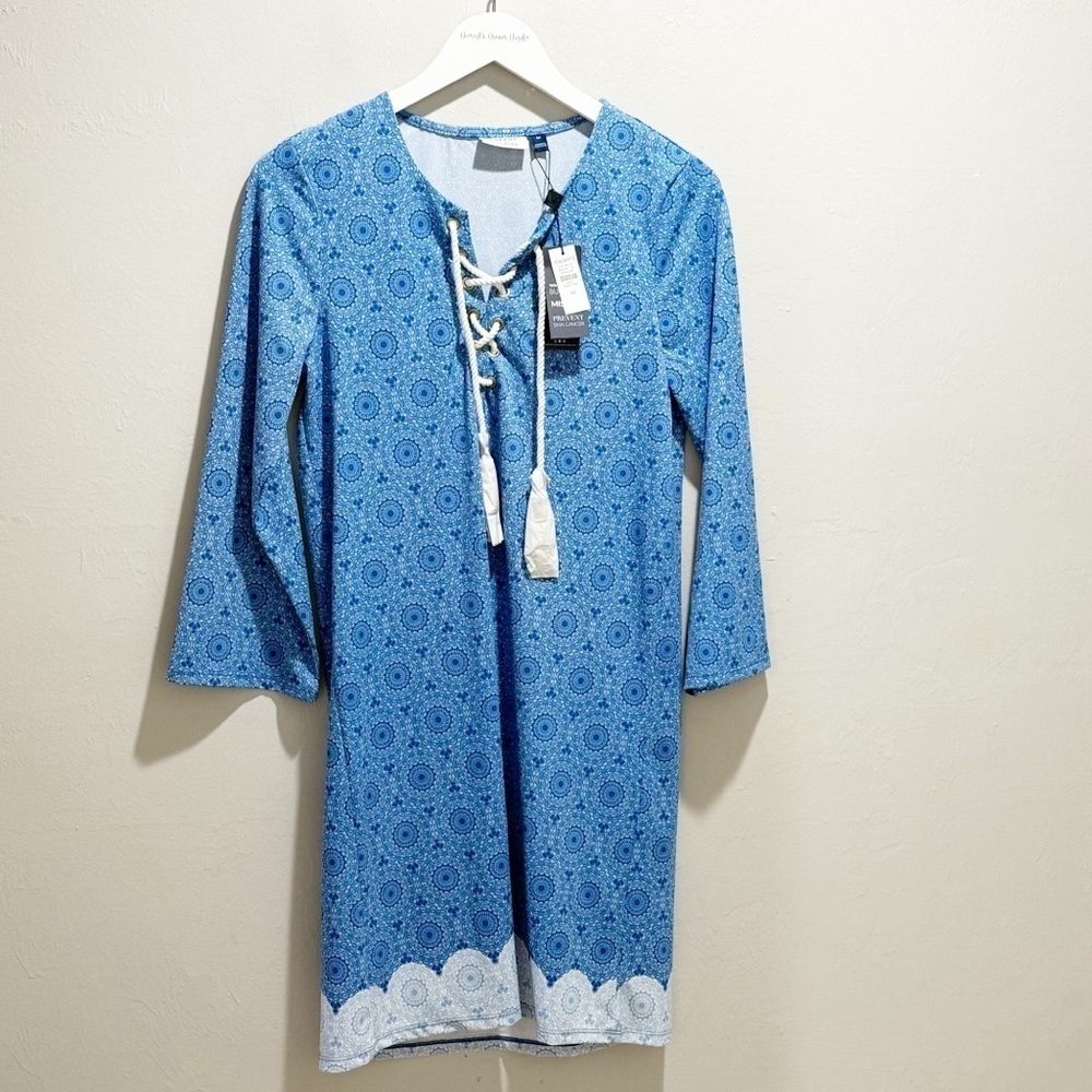 New CABANA LIFE X TALBOTS Women’s Blue Print Jersey Cover Up Dress UPF 50+ Sz M